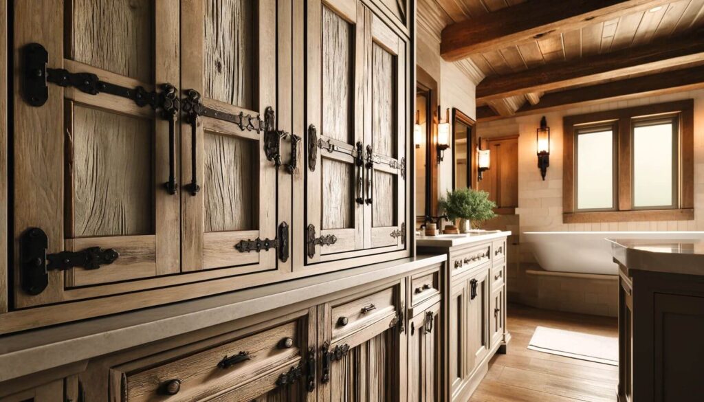 A farmhouse master bathroom with distressed wood cabinetry with iron hardware
