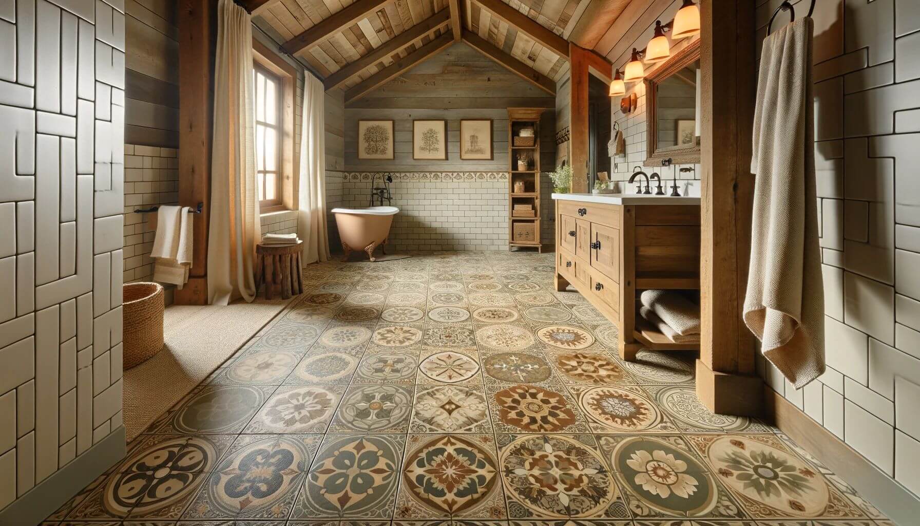 A farmhouse master bathroom with patterned floor tiles