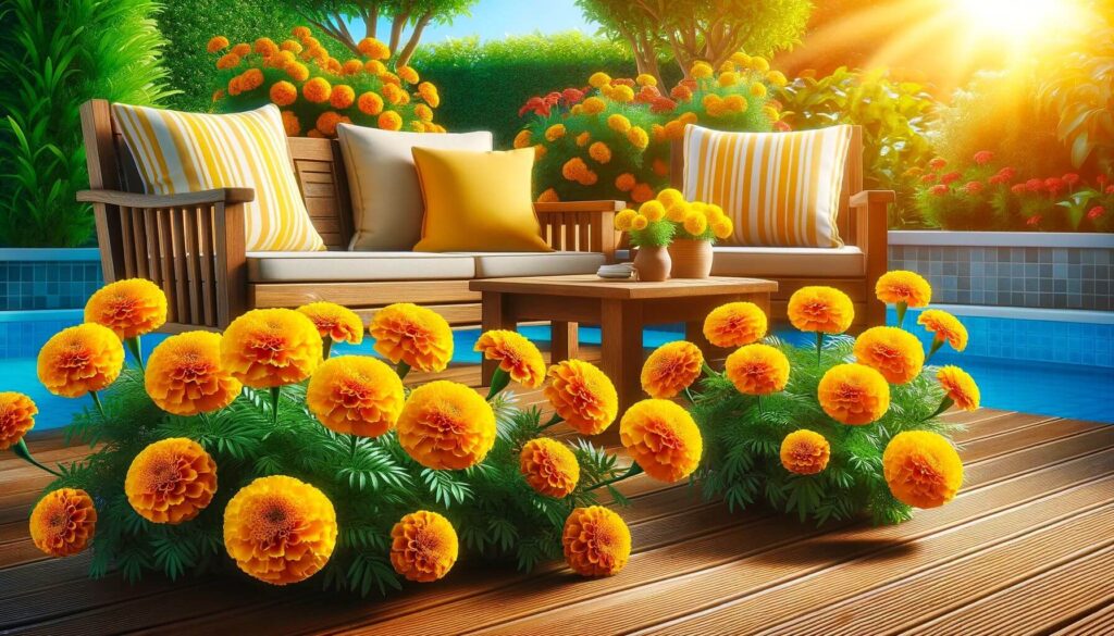 A garden with Polywood chairs surrounded by vibrant marigolds