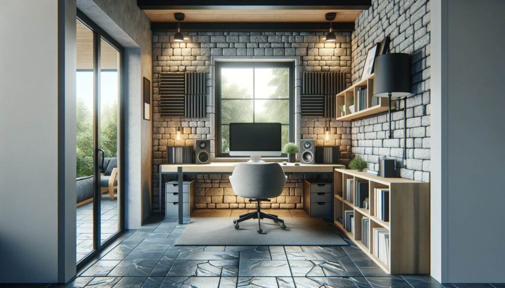 A home office with masonry soundproofing stone walls with acoustic panels and soundproof windows