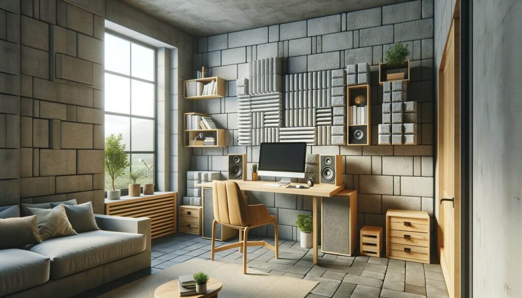 A home office with soundproofing walls constructed with thick concrete blocks