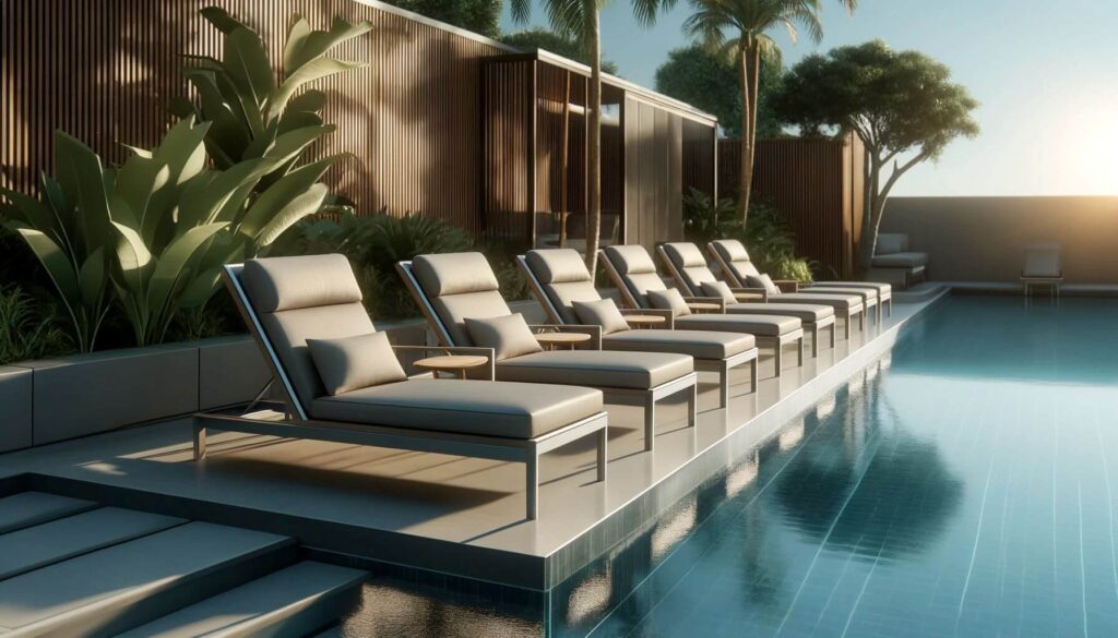 A luxurious poolside scene with polywood chaise lounges lined up along the edge