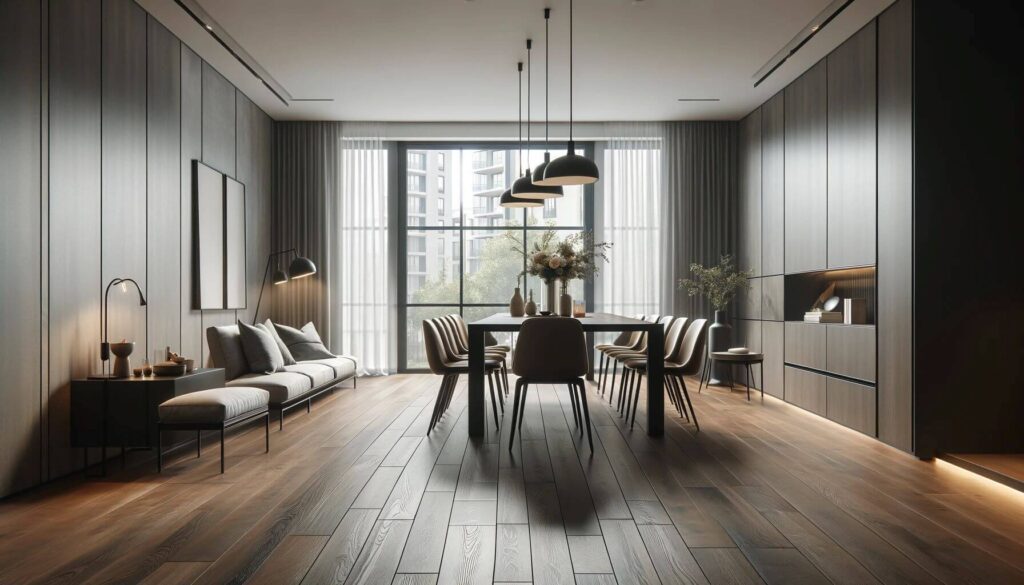 A modern dining room with Pergo waterproof laminate flooring