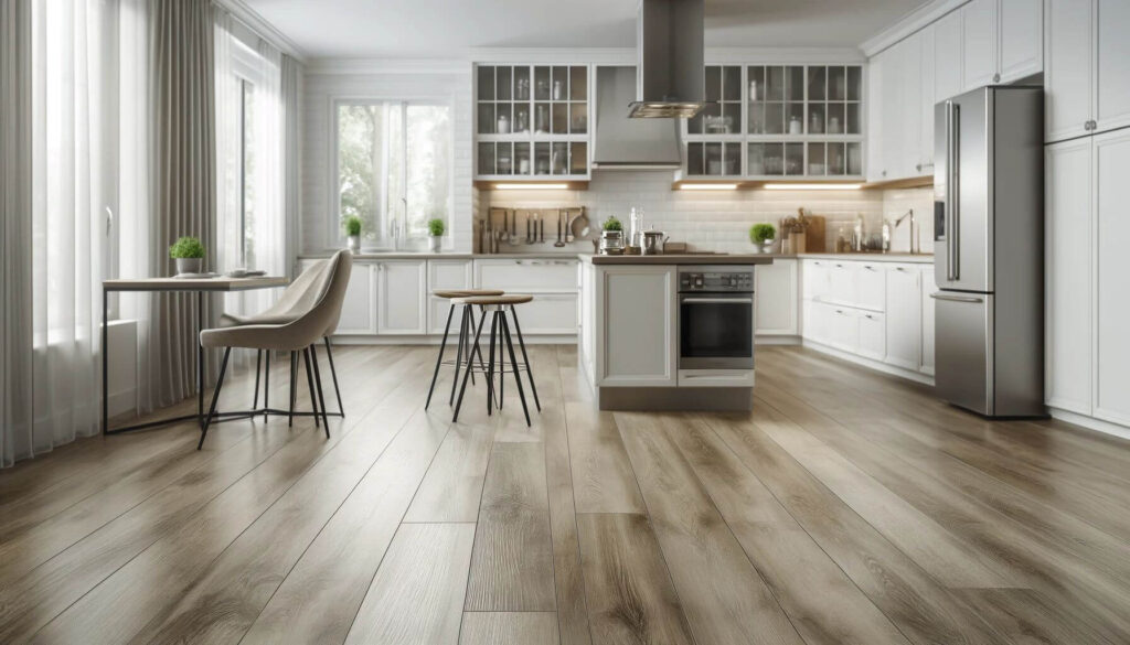 A modern kitchen with Pergo waterproof laminate flooring