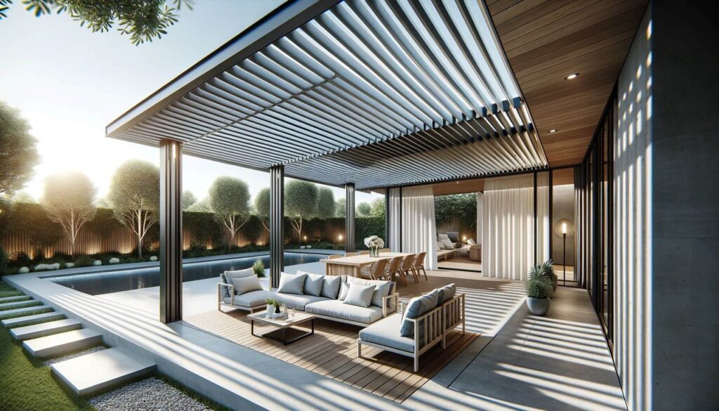 A modern pergola with a louvered roof system