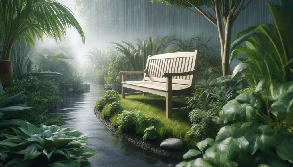 A serene garden scene with Polywood garden bench in a moisture-heavy environment