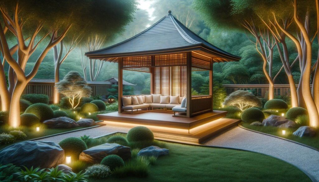 A serene pavilion within a Zen garden