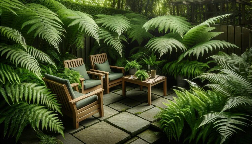 A shaded outdoor garden with lush ferns