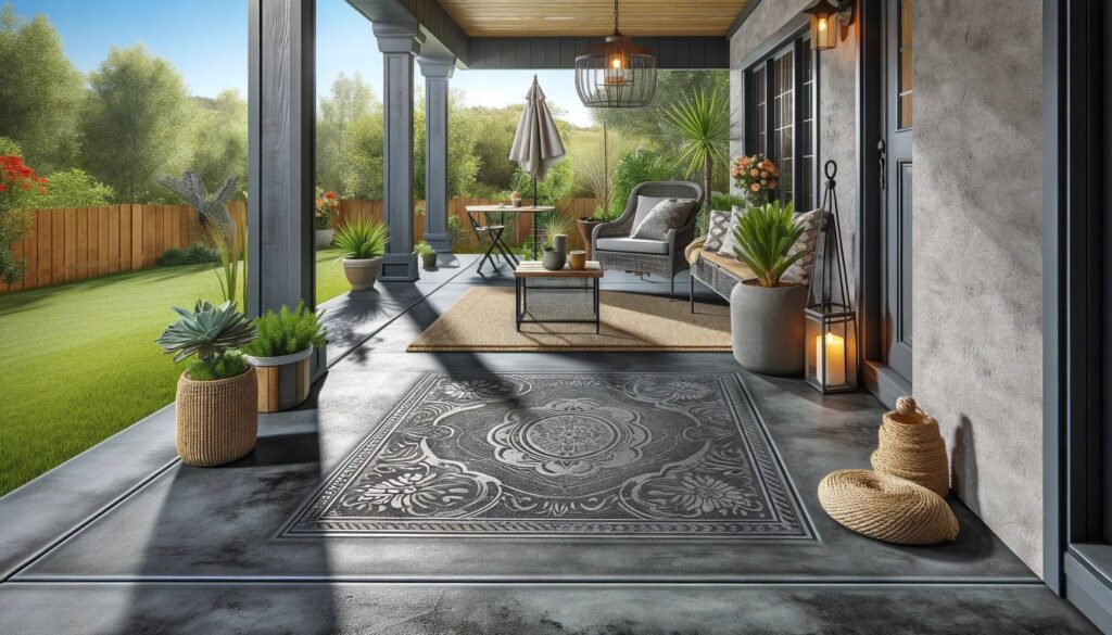 A sturdy concrete porch floor with a stamped and stained design