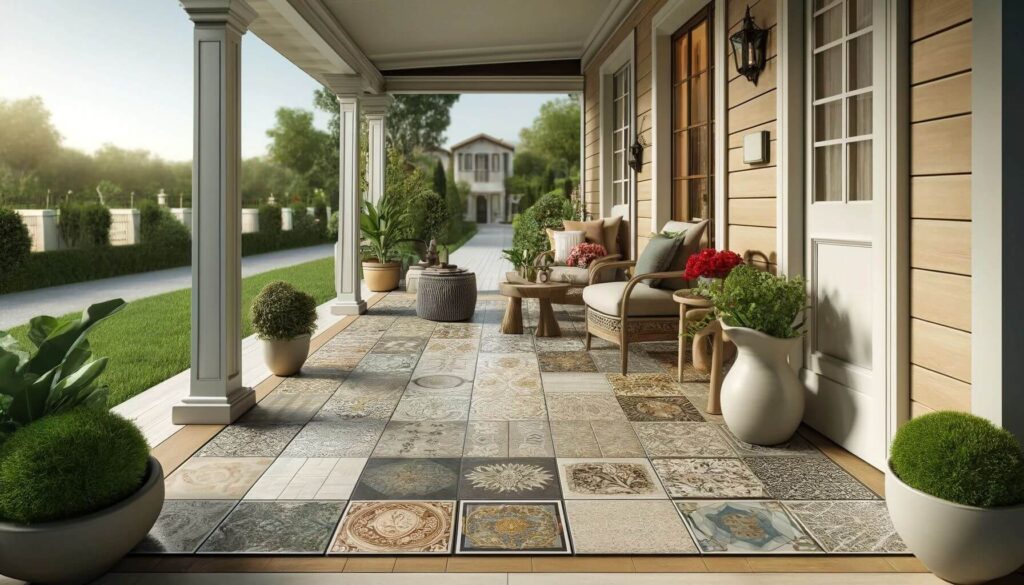 A stylish porch floor made of porcelain and ceramic tiles