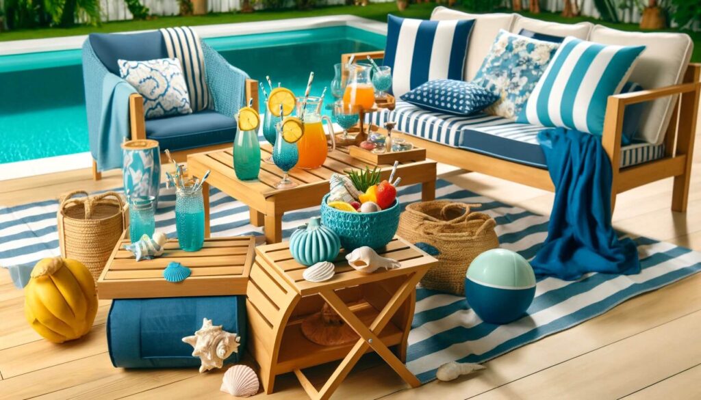 A summer-themed outdoor setting with Polywood furniture styled in a nautical or tropical theme