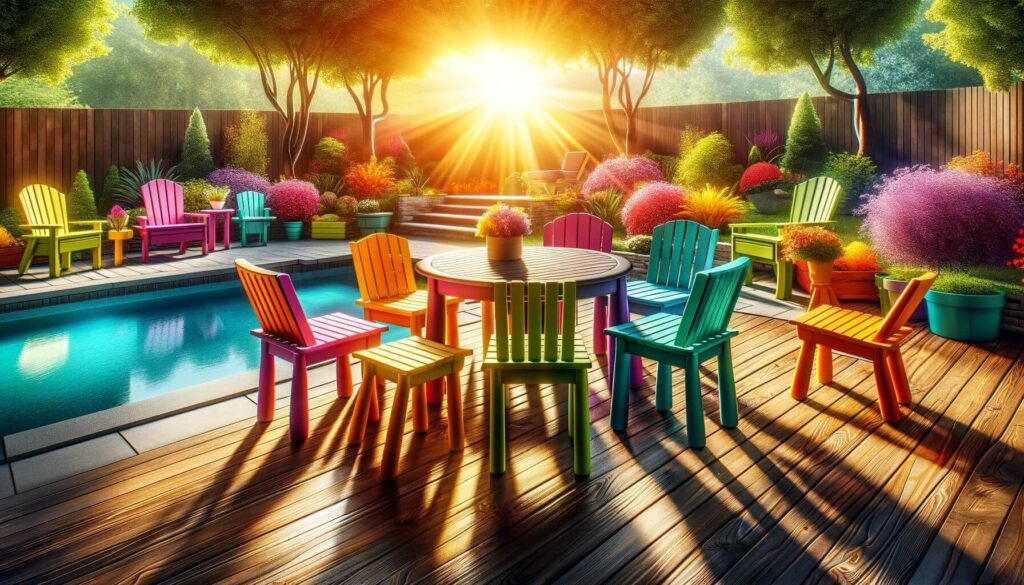 A sunny patio with durable Polywood furniture designed to resist UV rays and sunlight exposure