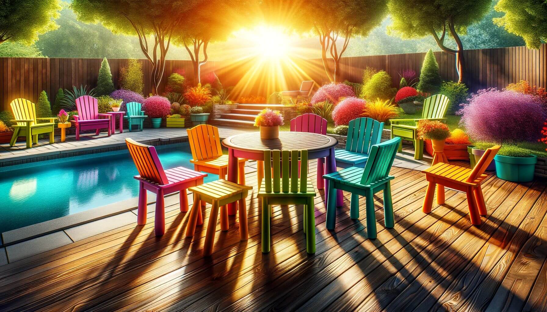 A sunny patio with durable Polywood furniture designed to resist UV rays and sunlight exposure