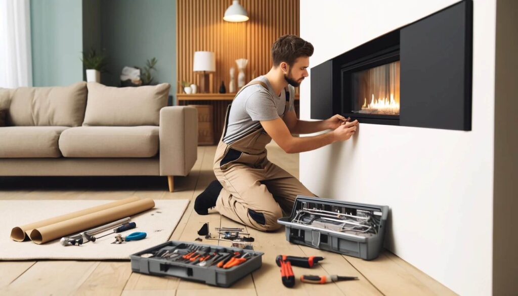 A technician carefully installing a modern gas fireplace in a living room