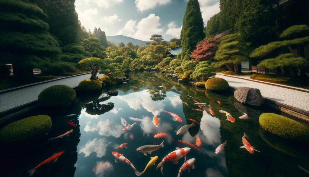 A tranquil Zen garden centered around a large koi pond