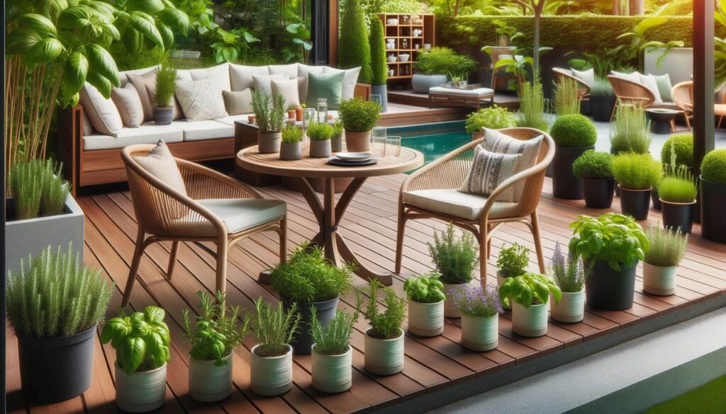A tranquil outdoor dining area of herbs like rosemary, basil, and mint in small pots