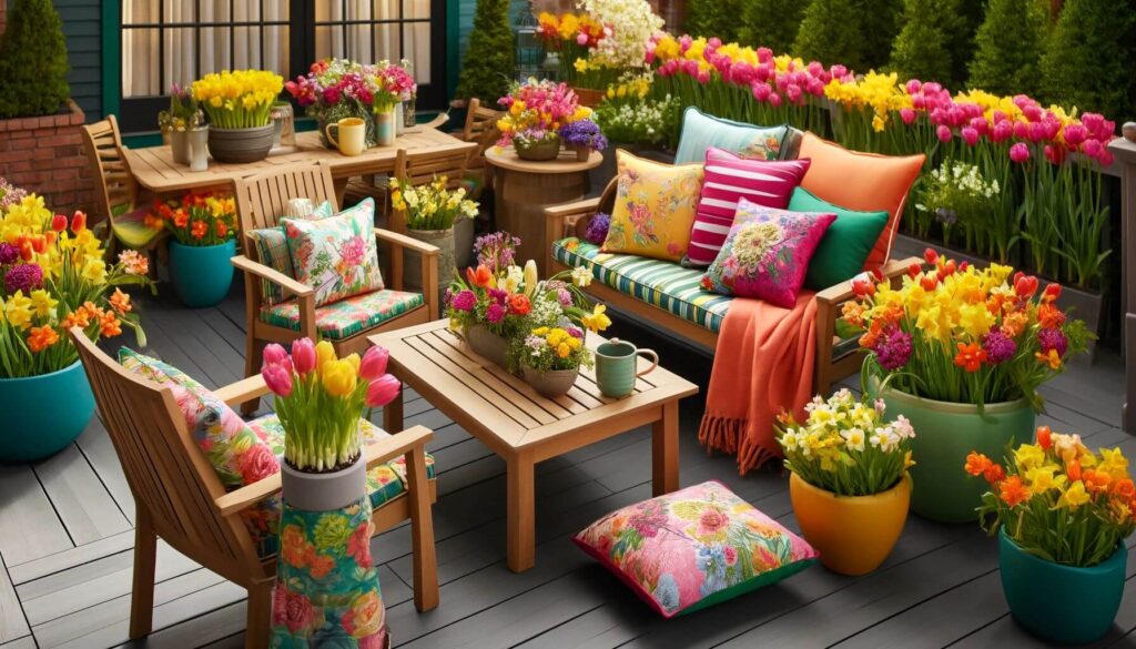 A vibrant spring-themed outdoor patio with Polywood furniture