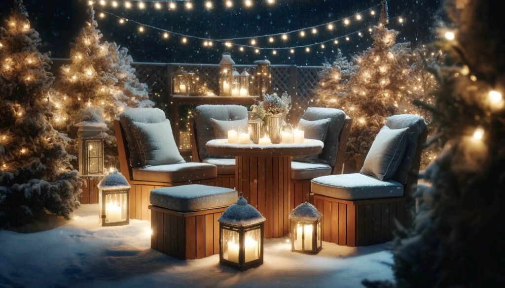 A winter wonderland-themed outdoor with Polywood furniture