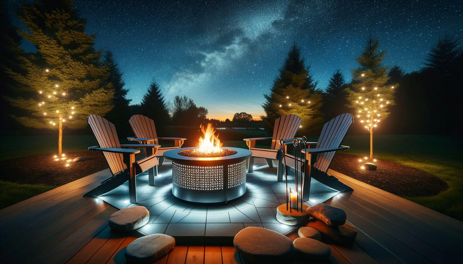 An outdoor fire pit surrounded by Accessory Adirondack chairs, with atmospheric LED lighting