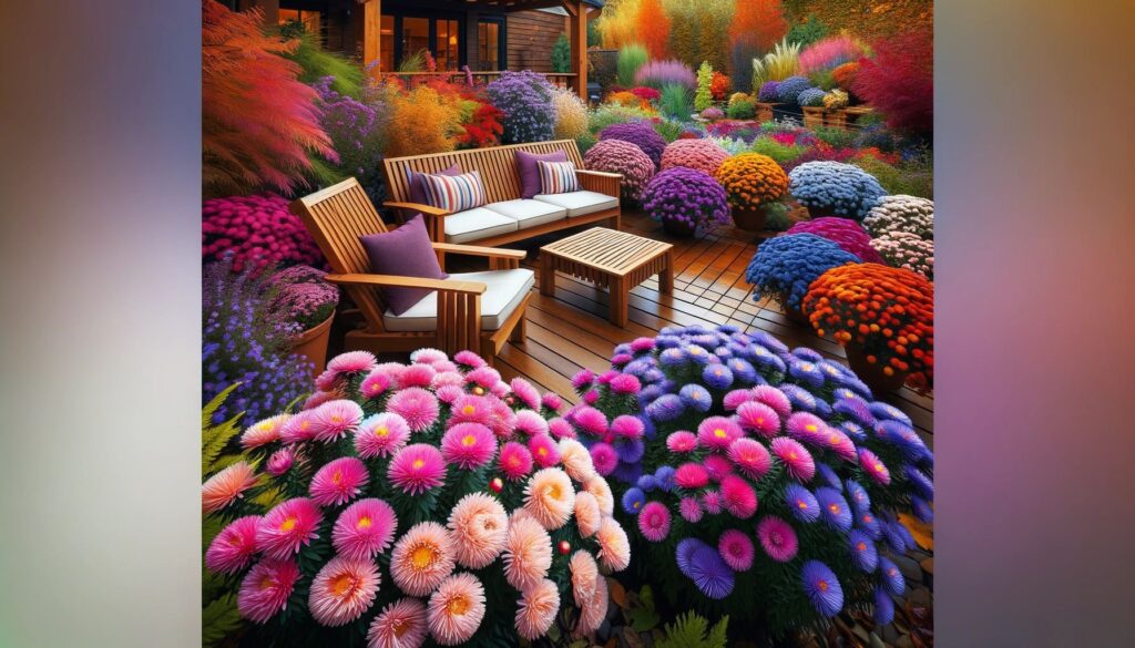 Autumn garden surrounded by vibrant asters flowers