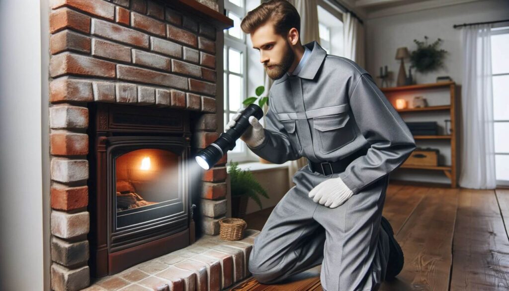 Expert Chimney sweep inspecting a fireplace with a flashlight in bellingham washington