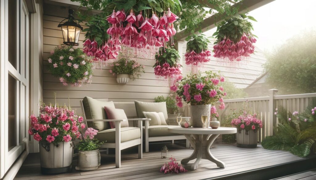 Fuchsias display their distinctive hanging blooms