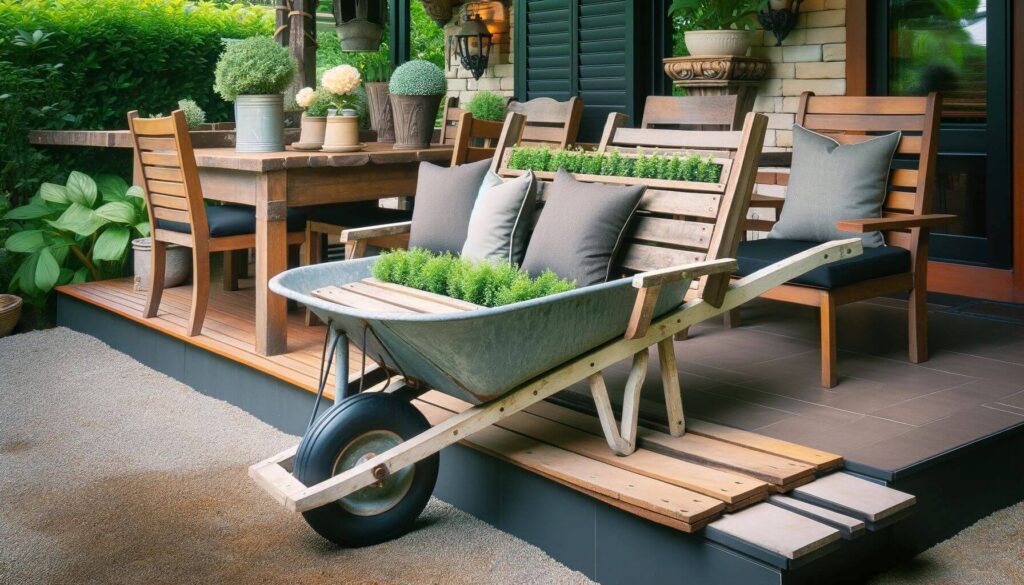 Get creative with a wheelbarrow bench for a rustic touch in your patio