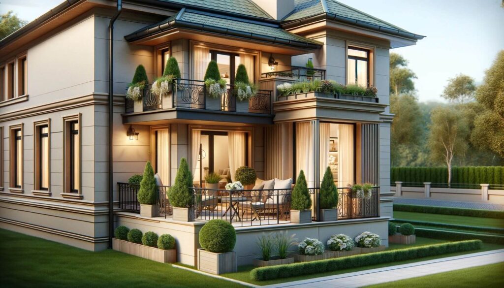 Home with an elegant second-floor balcony