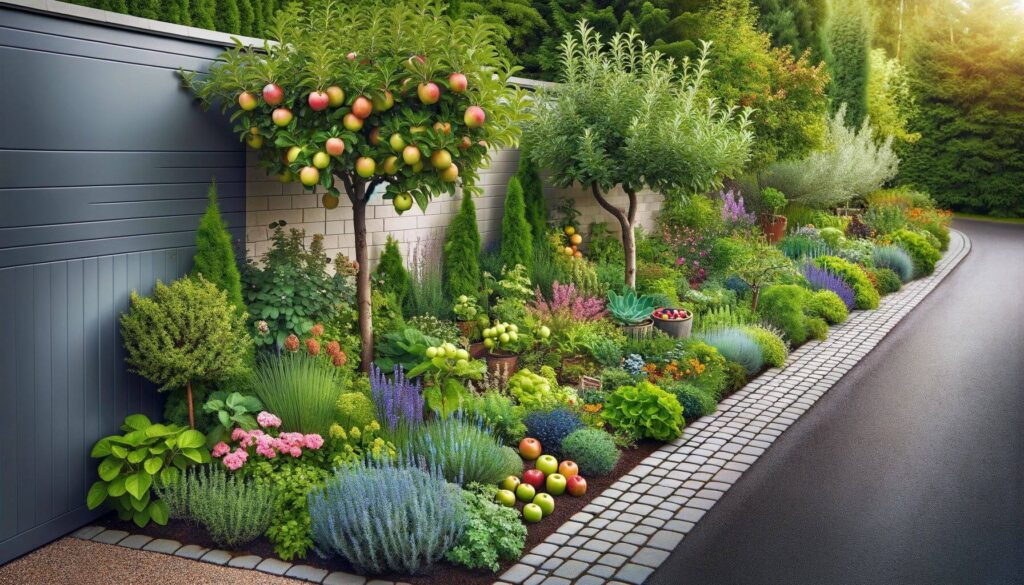 Incorporate Edible Plants Shows a driveway lined with fruit trees