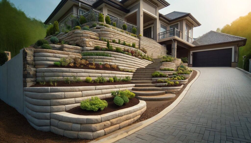 Incorporate Retaining Walls in a sloped driveway with terraced beds