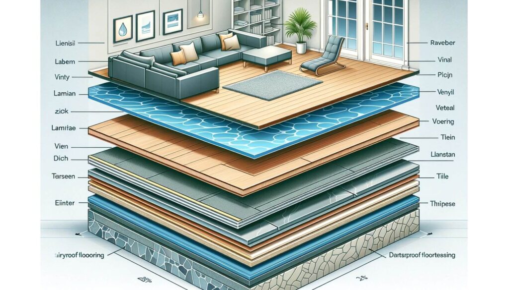 Layers of different types of waterproof flooring