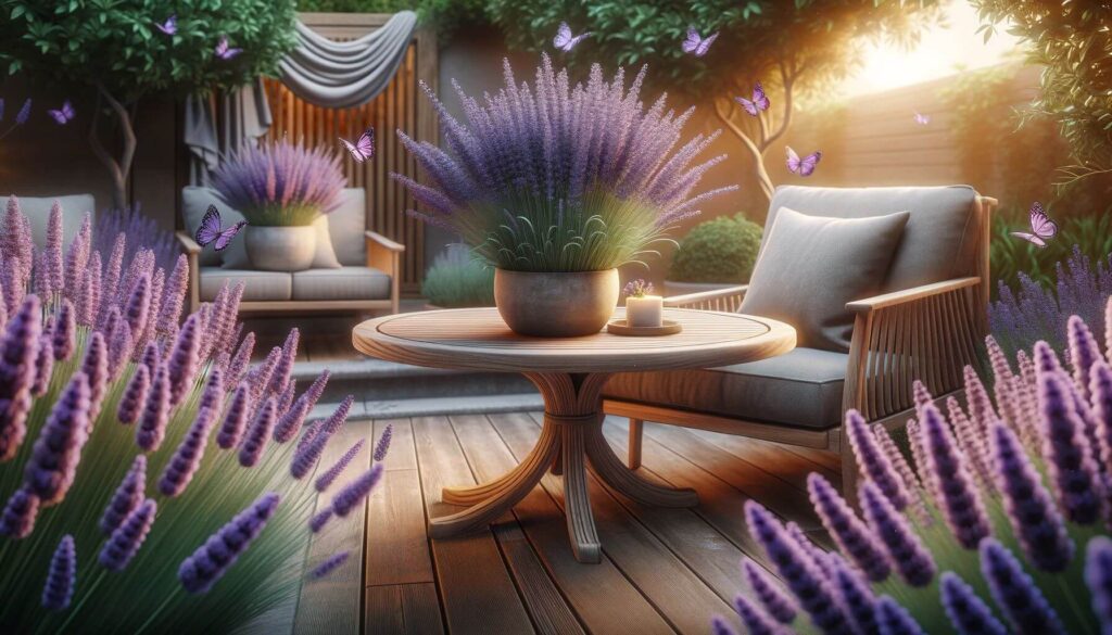 Polywood furniture adorned with lush lavender plants