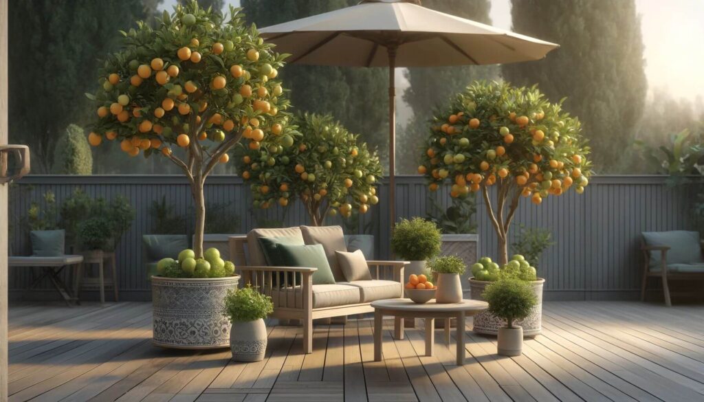 Polywood furniture and potted citrus trees