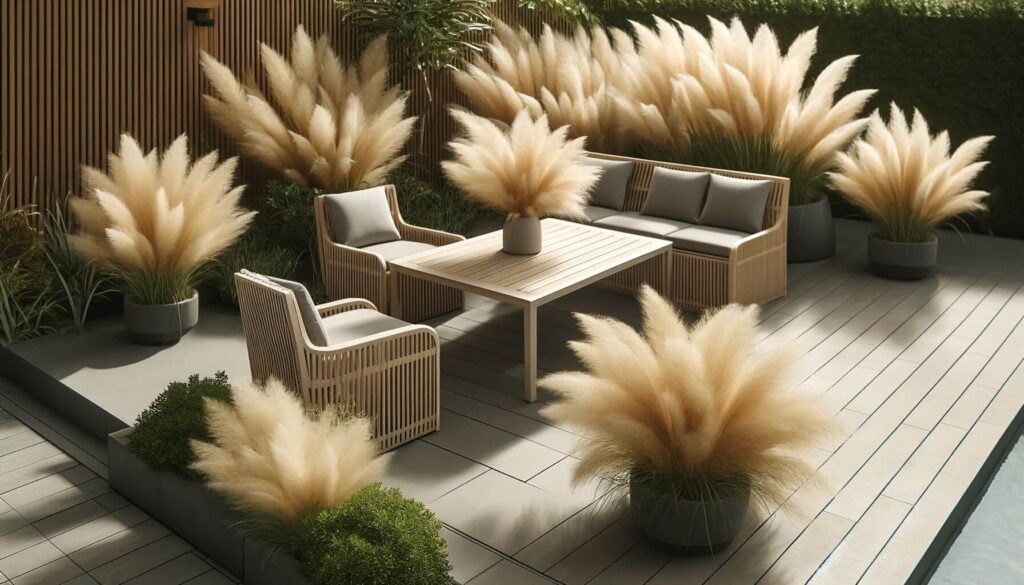 Polywood furniture enhanced by ornamental grasses