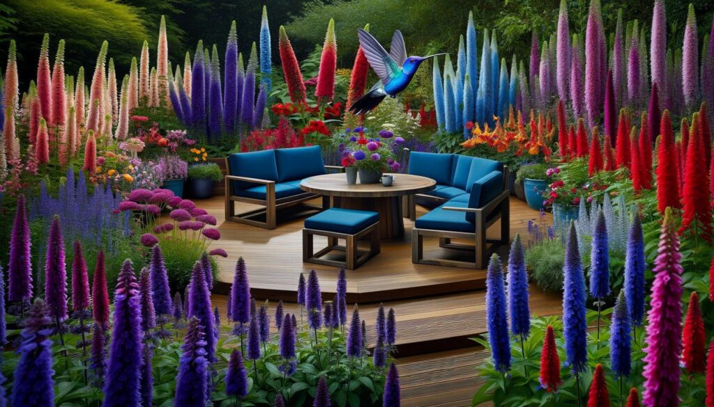 Polywood furniture surrounded by striking salvias