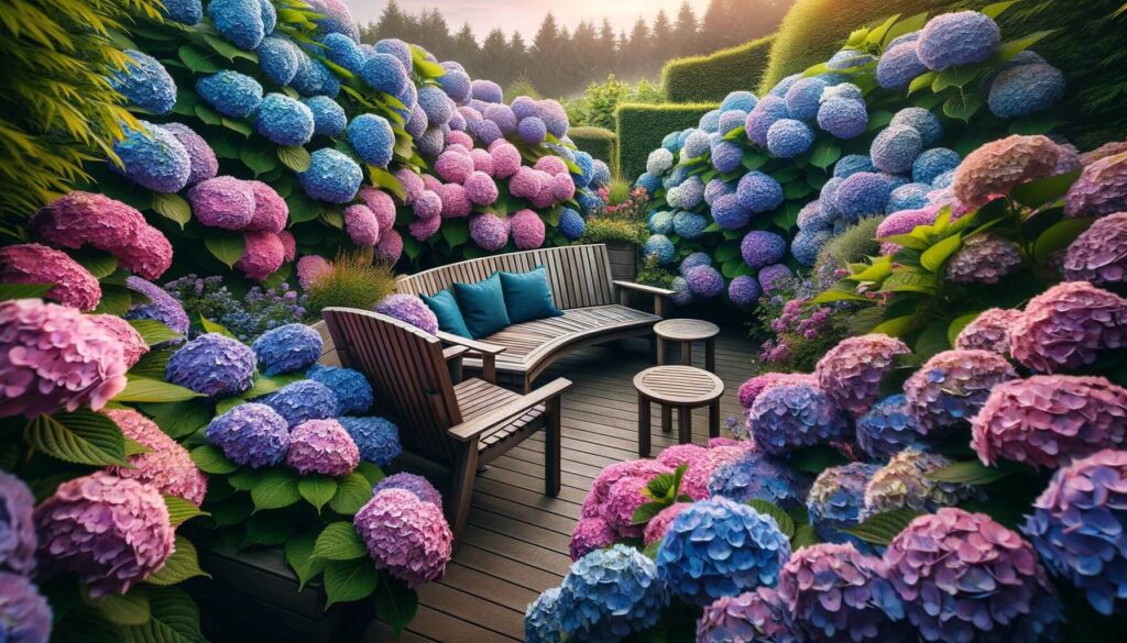Polywood furniture surrounded by stunning hydrangeas