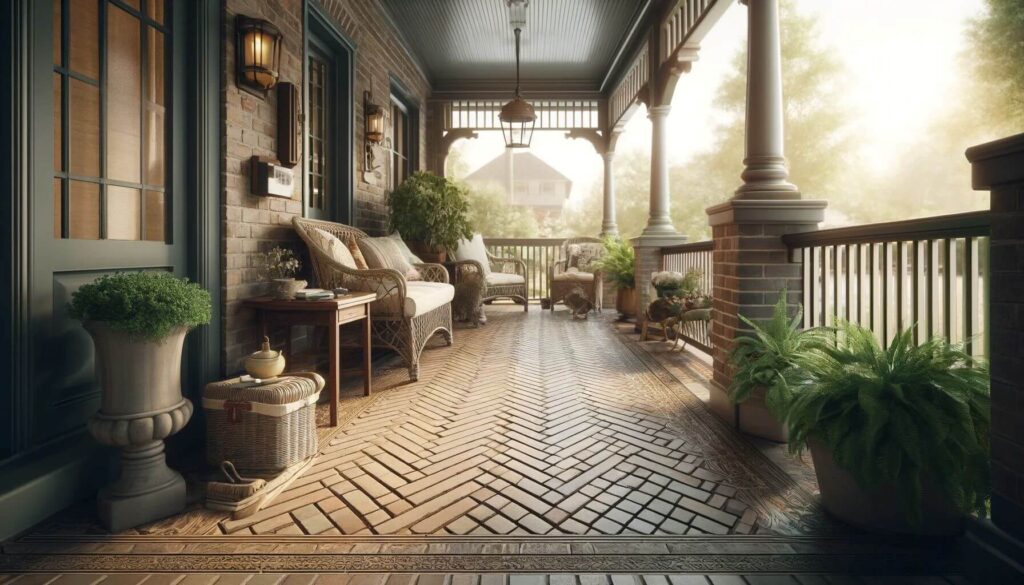 Porch floor made of brick with a classic herringbone pattern
