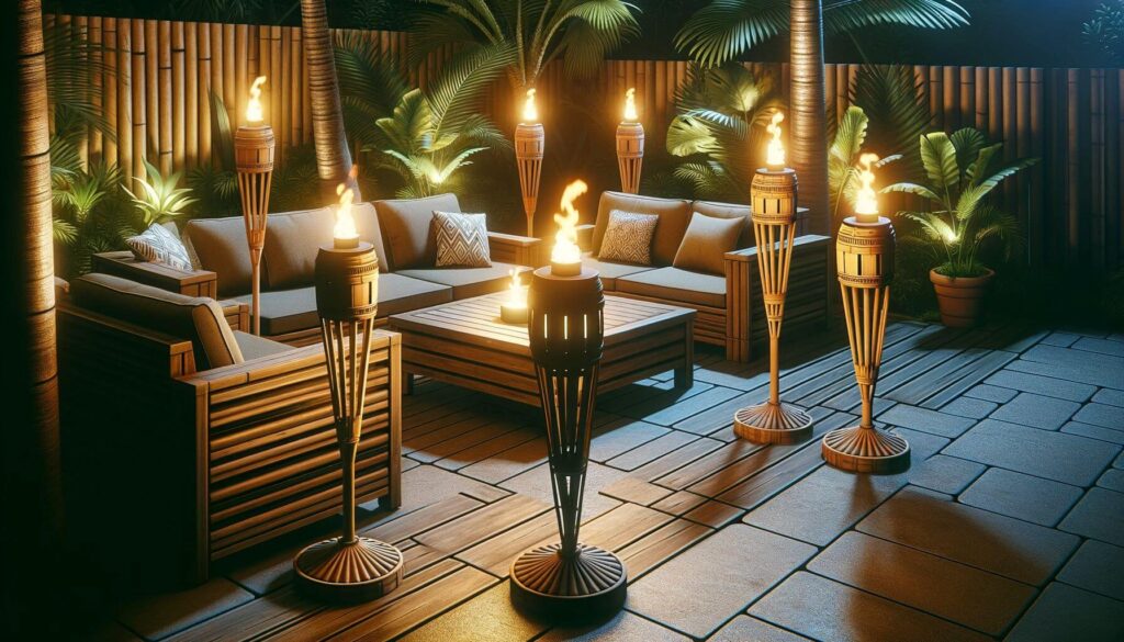 Position tiki torches along the perimeter of your patio
