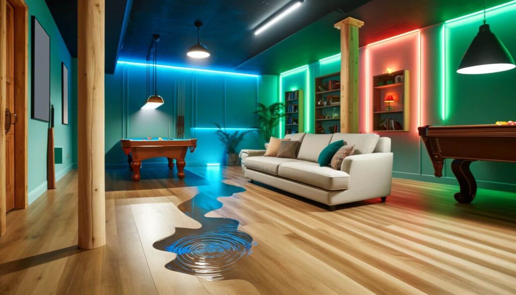 Recreational Basement with Water-Resistant Laminate Flooring
