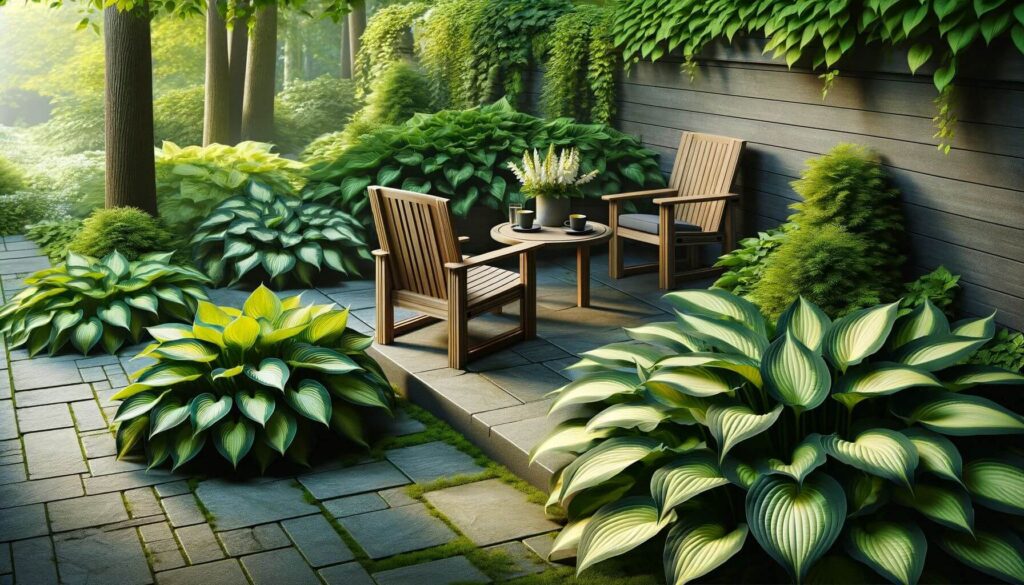 Robust and leafy hostas in backyard