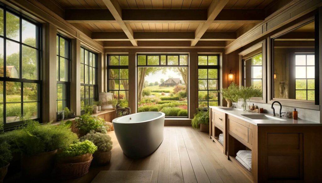 Soaking tub positioned adjacent to large windows offering views of a garden