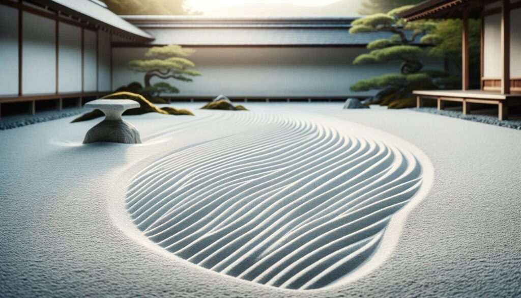 Zen garden with fine with white sand raked
