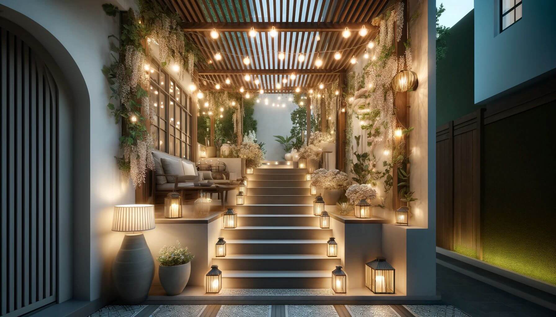 A Pergolas for Every Staircase with integrated lighting and decor