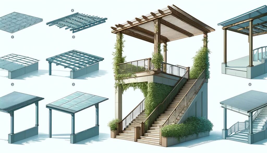 A pergola designed to provide shade and shelter for staircases, illustrating different roofing options