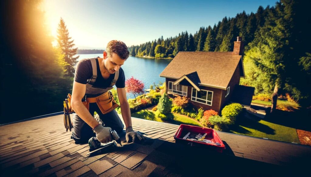 A professional technician repairing composition shingles on a roof