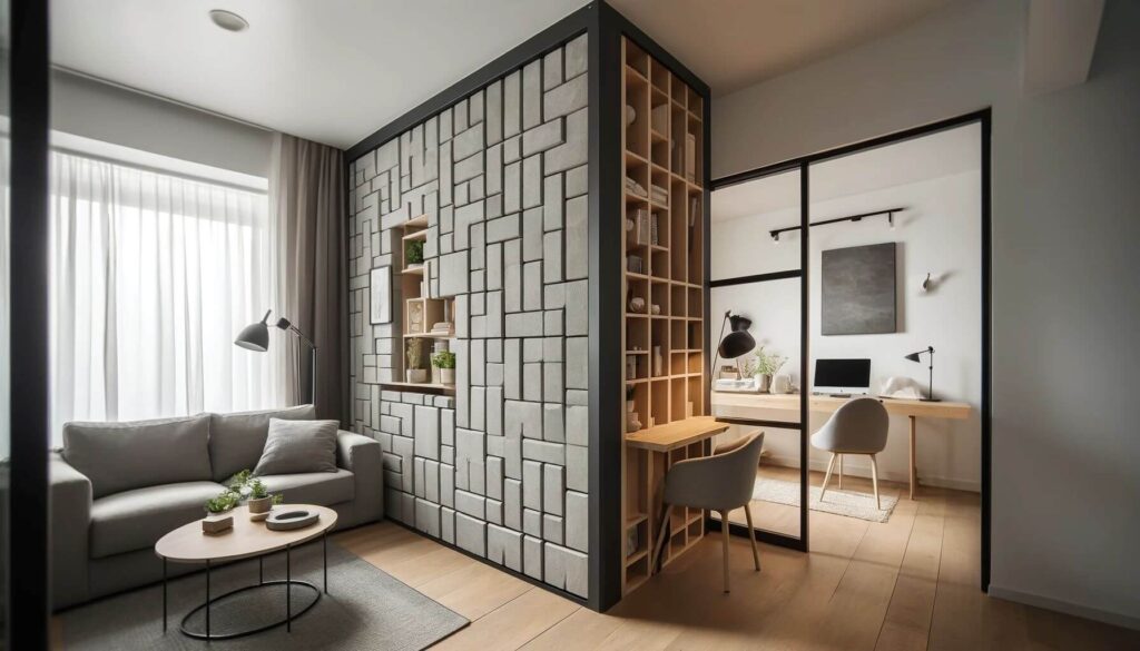 A small modern home interior with wall-mounted masonry screens