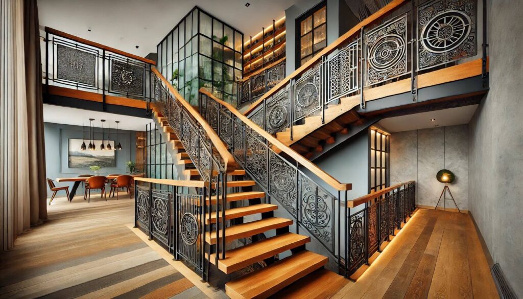 A staircase with mixed materials of wood, metal, and glass materials