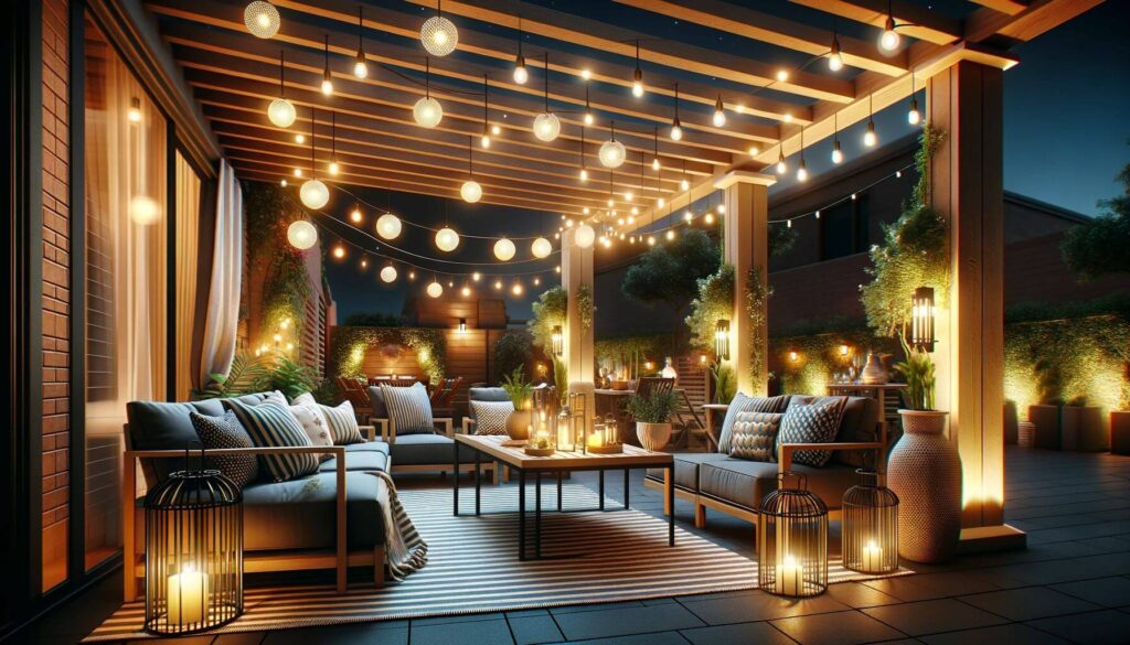 A terrace pergola beautifully illuminated and furnished