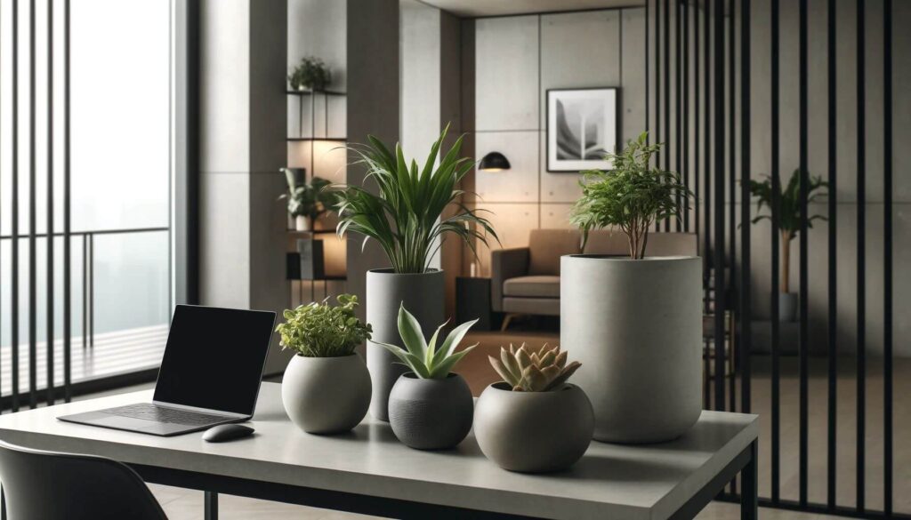 Concrete planters are a popular choice for modern home offices