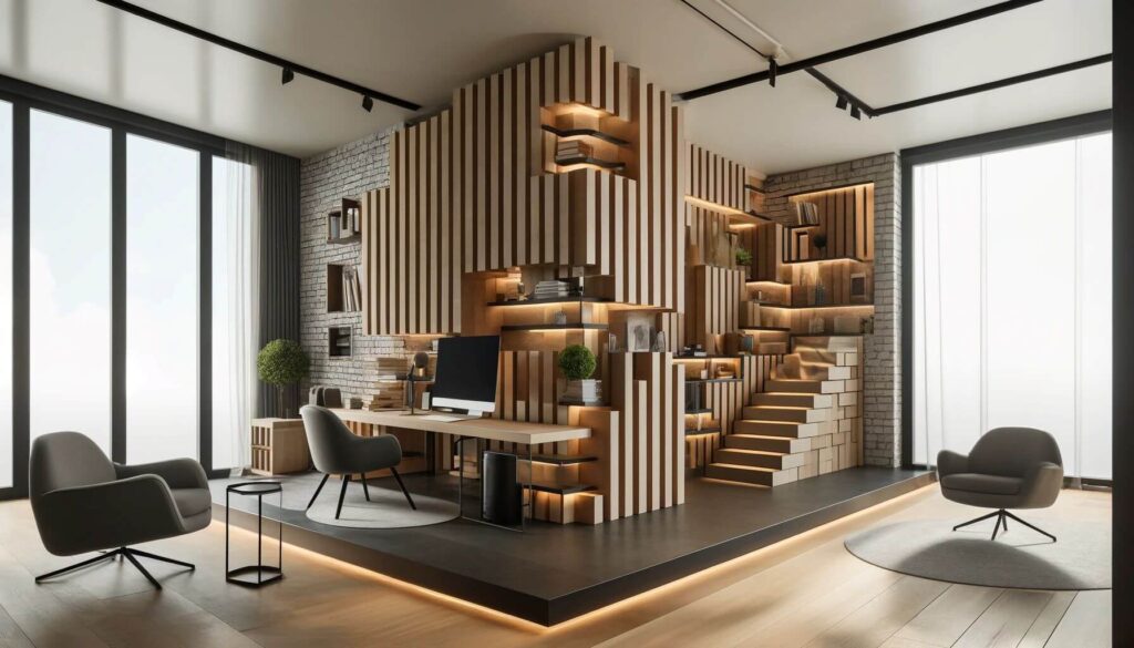 Home office with tiered masonry dividers creating dynamic, multi-level separations